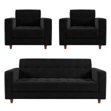 Kit Sofá 03 Lugares e 02 Poltronas Arezzo Linho Preto A79 Pés Chanfrado Castanho - D'Rossi