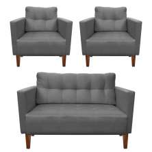 Kit Sofá Retrô Namoradeira 2 Lugares e 02 Poltronas Livia Suede Grafite - D'Rossi