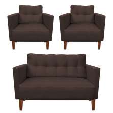 Kit Sofá Retrô Namoradeira 2 Lugares e 02 Poltronas Livia Suede Marrom - D'Rossi