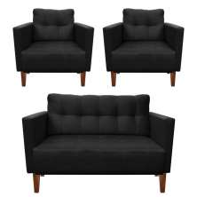 Kit Sofá Retrô Namoradeira 2 Lugares e 02 Poltronas Livia Suede Preto - D'Rossi