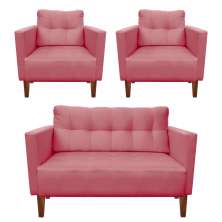 Kit Sofá Retrô Namoradeira 2 Lugares e 02 Poltronas Livia Suede Rose  - D'Rossi
