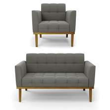 Namoradeira com Poltrona Base de Madeira Castanho Elisa Suede Grafite D03 - D'Rossi