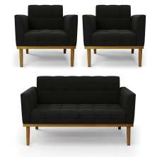 Namoradeira e 2 Poltronas Base de Madeira Castanho Elisa Suede Preto D03 - D'Rossi