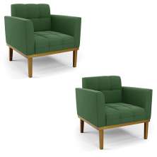 Poltrona Base de Madeira Fixa Castanho Kit 2 Elisa Suede Verde D03 - D'Rossi