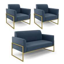 Sofá Namoradeira com 2 Poltronas Base Industrial Alta Dourado Marisa Suede Azul Marinho D03 - D'Rossi