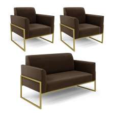 Sofá Namoradeira com 2 Poltronas Base Industrial Alta Dourado Marisa Suede Marrom D03 - D'Rossi