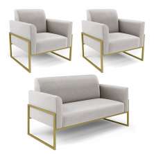 Sofá Namoradeira com 2 Poltronas Base Industrial Alta Dourado Marisa Veludo Cinza D03 - D'Rossi