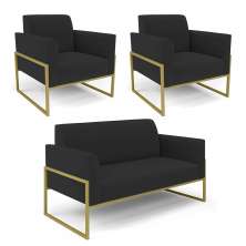 Sofá Namoradeira com 2 Poltronas Base Industrial Alta Dourado Marisa Veludo Preto D03 - D'Rossi
