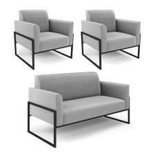 Sofá Namoradeira com 2 Poltronas Base Industrial Alta Preto Marisa Suede Cinza D03 - D'Rossi