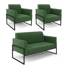 Sofá Namoradeira com 2 Poltronas Base Industrial Alta Preto Marisa Suede Verde D03 - D'Rossi
