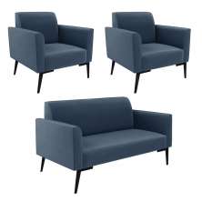 Sofá Namoradeira com 2 Poltronas Pés Villach Marisa Suede Azul Marinho D03 - D'Rossi