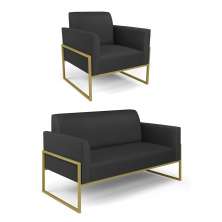 Sofá Namoradeira com Poltrona Base Industrial Alta Dourado Marisa Corino Preto D03 - D'Rossi