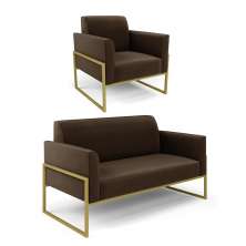 Sofá Namoradeira com Poltrona Base Industrial Alta Dourado Marisa Suede Marrom D03 - D'Rossi