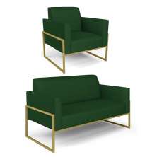 Sofá Namoradeira com Poltrona Base Industrial Alta Dourado Marisa Veludo Verde D03 - D'Rossi