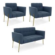 Sofá Namoradeira e 2 Poltronas Pé de Ferro Dourado Elisa Suede Azul Marinho D03 - D'Rossi