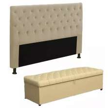 Cabeceira Mais Calçadeira Baú King 195cm Para Cama Box Sofia Napa Bege - DS Estofados