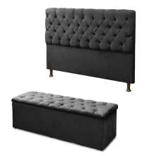 Cabeceira Mais Calçadeira Baú King 195cm Para Cama Box Sofia Suede Preto - DS Estofados
