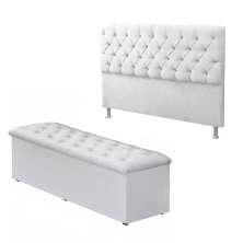 Cabeceira e Calçadeira Baú Solteiro 90cm Para Cama Box Sofia Corino Branco - DS Móveis
