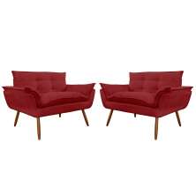 Combo 02 Namoradeira Poltrona Sofá decorativa 02 Lugares Opalla Pés Palito Vermelho - DS Estofados
