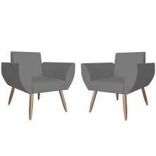 Combo 02 Poltronas Decorativa Flora Pés Palito Suede Cinza - DS Estofados