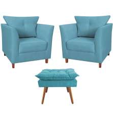 Combo 02 Poltronas Decorativa Isis Pés de Madeira Mais Puff Opalla Suede Azul Turquesa - DS Estofados