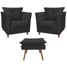 Combo 02 Poltronas Decorativa Isis Pés de Madeira Mais Puff Opalla Suede Preto - DS Estofados