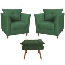 Combo 02 Poltronas Decorativa Isis Pés de Madeira Mais Puff Opalla Suede Verde - DS Estofados