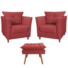 Combo 02 Poltronas Decorativa Isis Pés de Madeira Mais Puff Opalla Suede Vermelho - DS Estofados