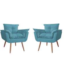 Combo 02 Poltronas Decorativa Opalla Pés Palito Suede Azul Turquesa - DS Estofados