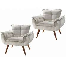 Combo 02 Poltronas Decorativa Opalla Pés Palito Suede Bege - DS Estofados