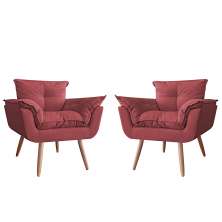 Combo 02 Poltronas Decorativa Opalla Pés Palito Suede Bordô - DS Estofados