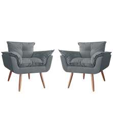 Combo 02 Poltronas Decorativa Opalla Pés Palito Suede Cinza - DS Estofados