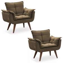 Combo 02 Poltronas Decorativa Opalla Pés Palito Suede Marrom - DS Estofados
