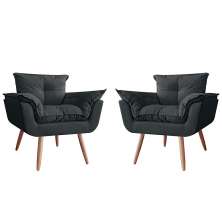 Combo 02 Poltronas Decorativa Opalla Pés Palito Suede Preto - DS Estofados