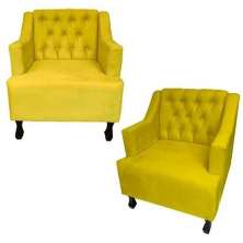 Combo 02 Poltronas Decorativa Pés Luis XV Gênises Encosto Estilo Capitonê Suede Amarelo - DS Estofados