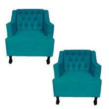 Combo 02 Poltronas Decorativa Pés Luis XV Gênises Encosto Estilo Capitonê Suede Azul Turquesa - DS Estofados