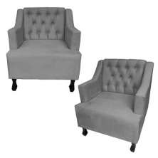 Combo 02 Poltronas Decorativa Pés Luis XV Gênises Encosto Estilo Capitonê Suede Cinza - DS Estofados