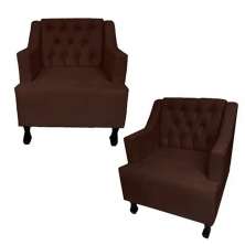 Combo 02 Poltronas Decorativa Pés Luis XV Gênises Encosto Estilo Capitonê Suede Marrom - DS Estofados