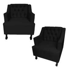 Combo 02 Poltronas Decorativa Pés Luis XV Gênises Encosto Estilo Capitonê Suede Preto - DS Estofados