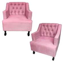 Combo 02 Poltronas Decorativa Pés Luis XV Gênises Encosto Estilo Capitonê Suede Rosa - DS Estofados