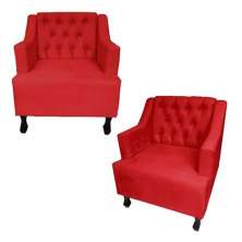 Combo 02 Poltronas Decorativa Pés Luis XV Gênises Encosto Estilo Capitonê Suede Vermelho - DS Estofados