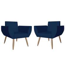 Combo 02 Poltronas Decorativas Flora Pés Palito Suede Azul Marinho - DS Estofados
