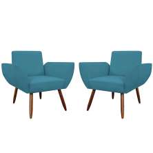 Combo 02 Poltronas Decorativas Flora Pés Palito Suede Azul Turquesa - DS Estofados