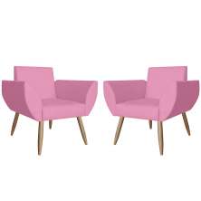 Combo 02 Poltronas Decorativas Flora Pés Palito Suede Rosa - DS Estofados