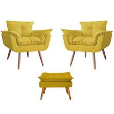 Combo 02 Poltronas decorativas mais um Puff Opalla Pés Palito Amarelo - DS Estofados