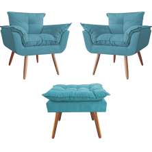 Combo 02 Poltronas decorativas mais um Puff Opalla Pés Palito Azul Turquesa - DS Estofados
