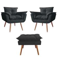 Combo 02 Poltronas decorativas mais um Puff Opalla Pés Palito Preto - DS Estofados