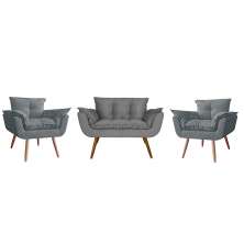 Combo 02 Poltronas decorativas mais uma Namoradeira Opalla Pés Palito Cinza - DS Estofados