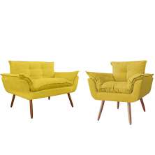 Combo Namoradeira Sofá 02 lugares mais 01 Poltrona decorativa Opalla Pés Palito Amarelo - DS Estofados