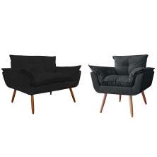 Combo Namoradeira Sofá 02 lugares mais 01 Poltrona decorativa Opalla Pés Palito Preto - DS Estofados